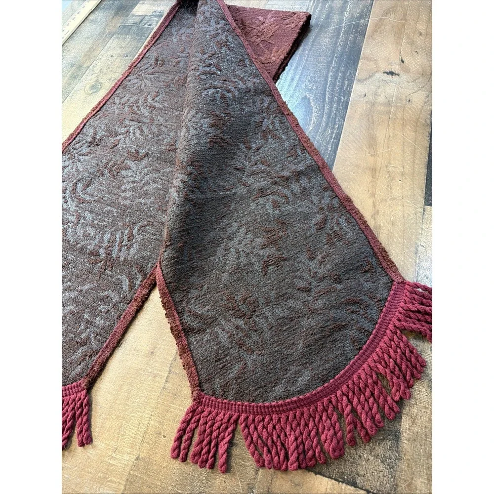 Vintage Chenille Table Runner Red Rust Floral Jacquard Fringe Boho 12x70 Ornate